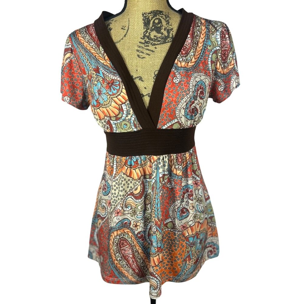 VTG Y2K Babydoll Top Sz L Paisley Print Tie Back Retro Hippie